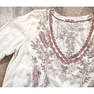 Johnny Was Womens Boho Embroidered Blouse Size XS Ivory Pink V-Neck Artisan